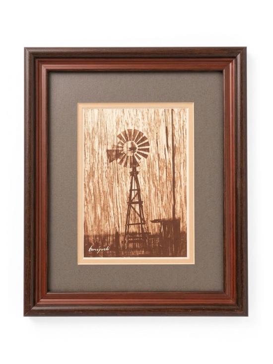 Estate Other - Rustic Windmill Wall Art Print in Sepia with Wood Frame Signed Korzynski Vintage